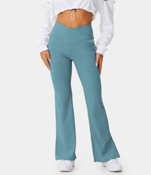 Halara Crossover Pocket Split Hem Full Length Flare-Smile Women's Leggings Adriatic Blue | 450318-WFZ