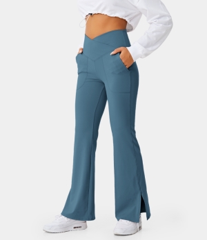 Halara Crossover Pocket Split Hem Full Length Flare-Smile Women's Leggings Blue Ashes | 472635-LIM