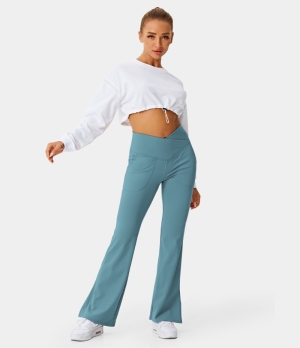 Halara Crossover Pocket Split Hem Full Length Flare-Smile Women's Leggings Adriatic Blue | 517640-LDK