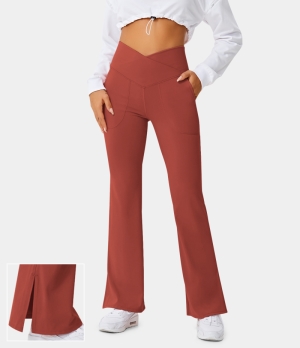 Halara Crossover Pocket Split Hem Full Length Flare-Smile Women's Leggings Rooibos Tea | 781426-OAE