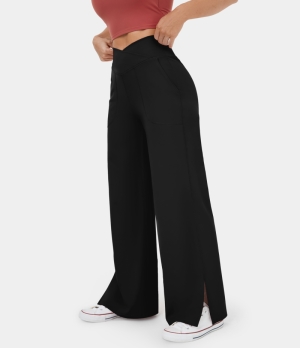 Halara Crossover Pocket Split Hem Wide Leg Yoga-Smile Women's Pants Black | 109642-RJD