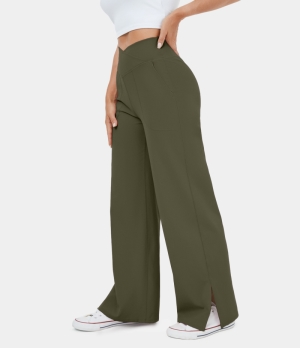 Halara Crossover Pocket Split Hem Wide Leg Yoga-Smile Women's Pants Ivy Green | 276538-BPS