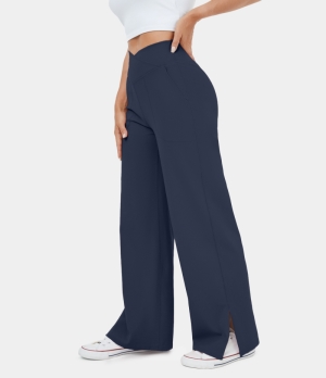 Halara Crossover Pocket Split Hem Wide Leg Yoga-Smile Women's Pants Oceana | 498513-RWZ