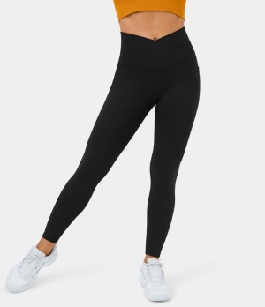 Halara Crossover Pocket Stretchy Denim Print 7/8 Women's Leggings Denim Black | 374861-TGM