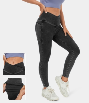 Halara Crossover Pocket Washed Stretchy Knit Denim Casual Women's Leggings Washed Denim Black | 805496-HXU