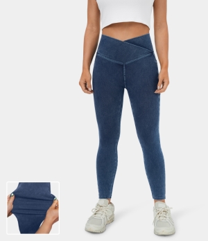 Halara Crossover Pocket Washed Stretchy Knit Denim Casual Women's Leggings Washed Denim Dark Blue | 850647-YJC