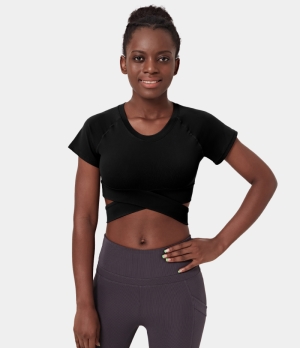 Halara Cut Out Crossover Hem Cropped Sports-No Pad Women's Tops Black | AZYRKLF-05