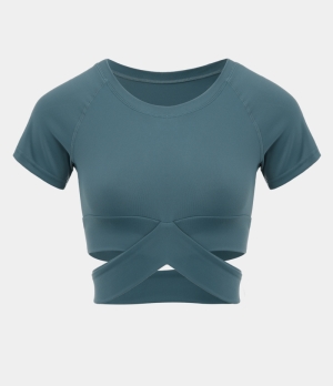 Halara Cut Out Crossover Hem Cropped Sports-No Pad Women's Tops Bristol Blue | VKEWLGU-01