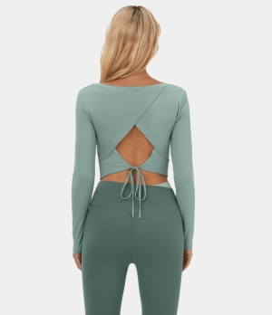 Halara Cut Out Lace Up Cropped Barre Ballet Dance Sports Women's Tops Blue Surf | OVSMBPU-54