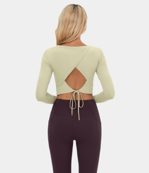 Halara Cut Out Lace Up Cropped Barre Ballet Dance Sports Women's Tops Bone White | SKAPOLM-24