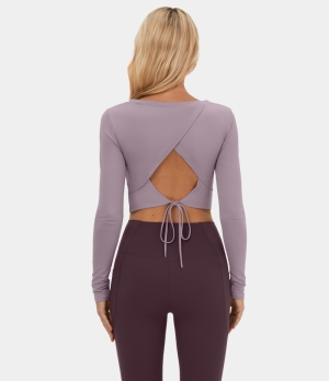 Halara Cut Out Lace Up Cropped Barre Ballet Dance Sports Women's Tops Iris Purple | SXZKGLO-82