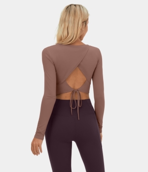 Halara Cut Out Lace Up Cropped Barre Ballet Dance Sports Women's Tops Russet | WXOVTSR-10