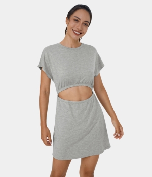 Halara Cut Out Short Sleeve Side Pocket Mini Casual Women's Dress Porcelain White | 480167-TSE