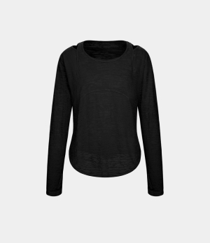 Halara Cut Out Thumb Hole Curved Hem Yoga Sports Women's Tops Black | FGZUKJB-23