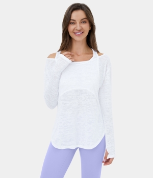 Halara Cut Out Thumb Hole Curved Hem Yoga Sports Women's Tops White | HCBFTJY-02