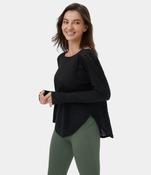 Halara Cut Out Thumb Hole Curved Hem Yoga Sports Women's Tops Black | HFOYZCV-79