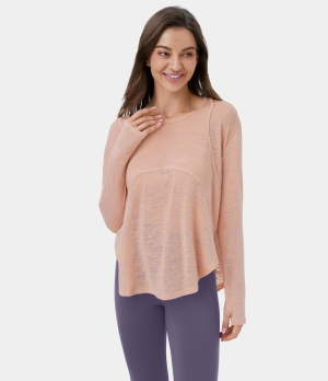 Halara Cut Out Thumb Hole Curved Hem Yoga Sports Women's Tops Rose Cloud | SFGUJLN-52