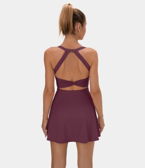 Halara Cut Out Twisted Side Pocket 2-in-1 Barre Ballet Dance Women's Dress New Maroon | 178365-PYD