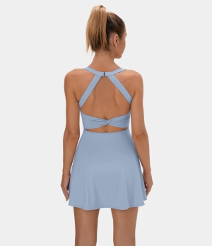 Halara Cut Out Twisted Side Pocket 2-in-1 Barre Ballet Dance Women's Dress Subdued Blue | 185207-UQL