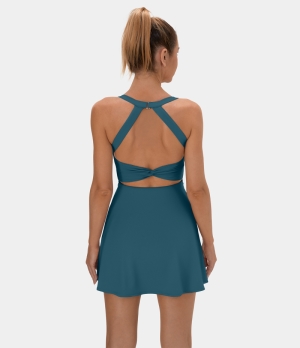 Halara Cut Out Twisted Side Pocket 2-in-1 Barre Ballet Dance Women's Dress Indian Teal | 203497-DZY