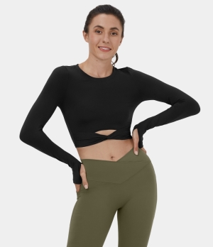 Halara Cut Out Twisted Thumb Hole Cropped Yoga Sports Women's Tops Black | AJBUGEW-37