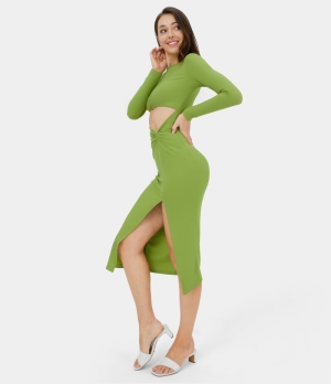 Halara Cut out Twisted Split Bodycon Midi Casual Women's Dress Bright Lime Green | 430269-TMW