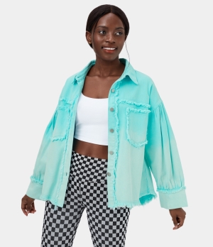 Halara Deep Dye Collared Button Pocket Fringe Casual Jacket Women's Tops Soothing Sea | JPRQGYT-64