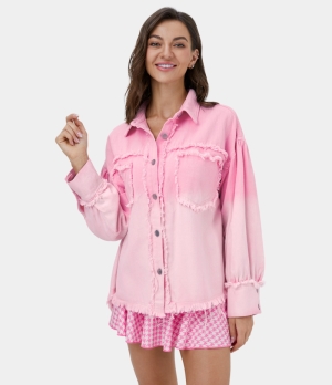 Halara Deep Dye Collared Button Pocket Fringe Casual Jacket Women's Tops Pink-a-boo | UOHQWYG-07