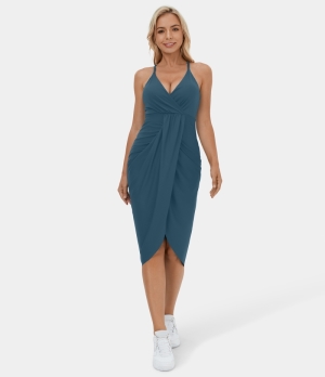 Halara Deep V Neck Backless Crisscross Adjustable Strap Draped 2-in-1 Midi Casual Women's Dress Balsam | 349025-OGY