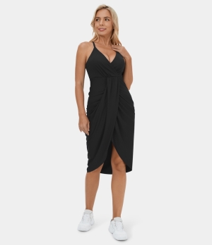 Halara Deep V Neck Backless Crisscross Adjustable Strap Draped 2-in-1 Midi Casual Women's Dress Black | 840931-DEZ