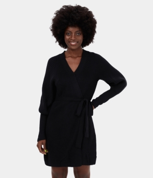 Halara Deep V Neck Bishop Sleeve Lace Up Mini Casual Sweater Women's Dress Black | 628517-CUJ