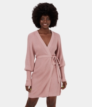 Halara Deep V Neck Bishop Sleeve Lace Up Mini Casual Sweater Women's Dress Pale Mauve | 704523-QNE