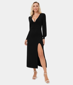 Halara Deep V Neck Bishop Sleeve Split Midi Casual Women's Dress Black | 571283-PZL