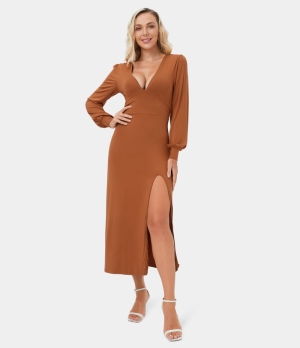 Halara Deep V Neck Bishop Sleeve Split Midi Casual Women's Dress Autumnal | 735192-TXD