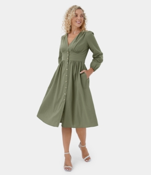 Halara Deep V Neck Button Side Pocket Ruched Casual Midi Women's Dress Loden Green | 319802-EBN