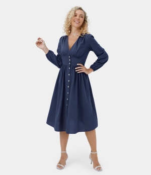 Halara Deep V Neck Button Side Pocket Ruched Casual Midi Women's Dress Deep Blue | 954267-LUW
