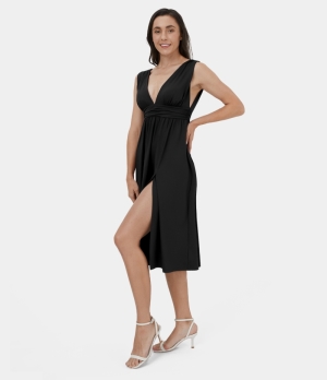 Halara Deep V Neck Split Sleeveless Midi Casual Women's Dress Black | 087492-TNC