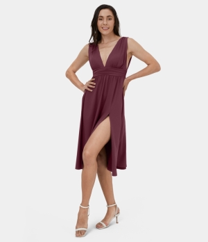 Halara Deep V Neck Split Sleeveless Midi Casual Women's Dress Zinfandel | 106935-GMC