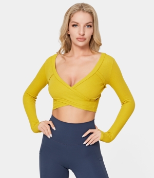 Halara Deep V Neck Thumb Hole Crossover Hem Cropped Sports Women's Tops Cream Gold | RJNSKXB-81