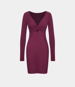 Halara Deep V Neck Twisted Cut Out Bodycon Mini Casual Women's Dress New Maroon | 830179-AUE