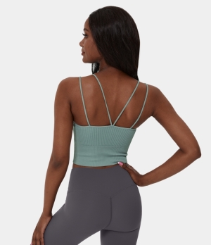 Halara Double Straps V Back Cropped Yoga Tank Women's Tops Green Milieu | MFJSGLK-81