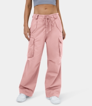 Halara Drawstring Button Zip Multi Pockets Wide Leg Casual Cargo Women's Pants Coral Blush | 064197-EGP