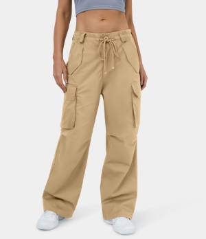Halara Drawstring Button Zip Multi Pockets Wide Leg Casual Cargo Women's Pants Lattè | 546873-QJO