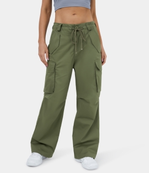 Halara Drawstring Button Zip Multi Pockets Wide Leg Casual Cargo Women's Pants Olivine | 657381-VGS
