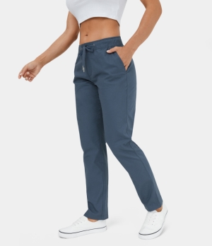 Halara Drawstring Button Zip Side Pocket Casual Women's Pants Vintage Indigo | 286305-DUO