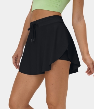 Halara Drawstring Side Pocket 2-in-1 Barre Ballet Dance Women's Skirts Black | 925136-RZH