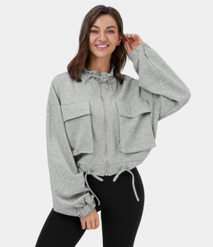 Halara Drawstring Zipper Side Flap Pocket Dropped Shoulder Casual Jacket Women's Tops Metal | DIYVWNK-43