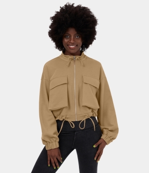 Halara Drawstring Zipper Side Flap Pocket Dropped Shoulder Casual Jacket Women's Tops Lattè | VBJXCMA-43