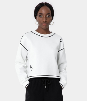 Halara Dropped Shoulder Contrast Trim Sweatshirt Women's Tops White | OYIWDSN-69
