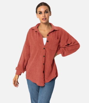 Halara Dropped Shoulder Front Button Collared Shirt Women's Tops Geometric Brick Red | XMWCZKL-20